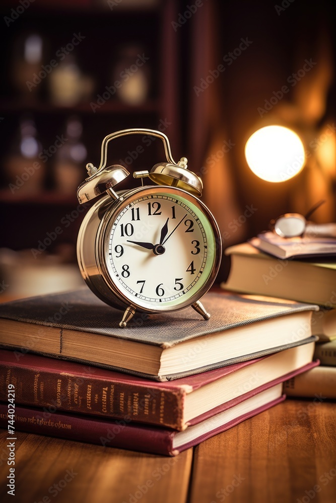 Aufkleber A clock sitting on top of a stack of books. Ideal for educational or time management concepts