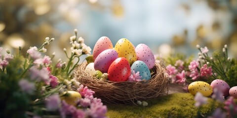 Colorful Easter eggs in a nest on a green field, perfect for Easter themed designs