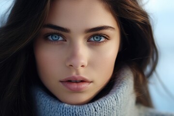 Naklejka premium Close up of a woman wearing a scarf, suitable for fashion concepts