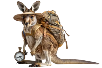 Foto op Plexiglas An adventurous kangaroo wearing hiking gear, complete with a backpack and a compass, ready to explore the great outdoors on a transparent background © Adnan Bukhari