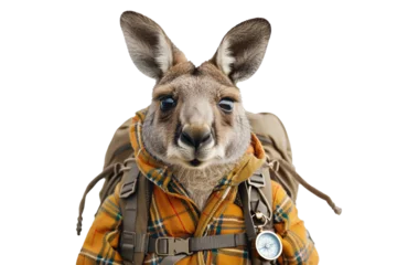 Tuinposter An adventurous kangaroo wearing hiking gear, complete with a backpack and a compass, ready to explore the great outdoors on a transparent background © Adnan Bukhari