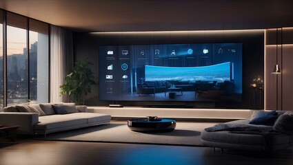 Modern smart home design with monitor screen and blue lights - obrazy, fototapety, plakaty