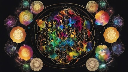  lights __A sacred geometry art with a flower of life and chakra icons. The art has a black background  