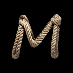 Alphabet M made from rope on black background, Generative AI