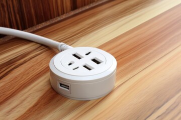 A white plug inserted into a wooden floor. Suitable for illustrating electrical installations