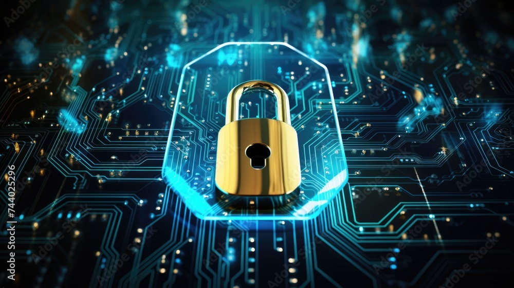 Poster A golden padlock placed on a circuit board. Suitable for technology and security concepts
