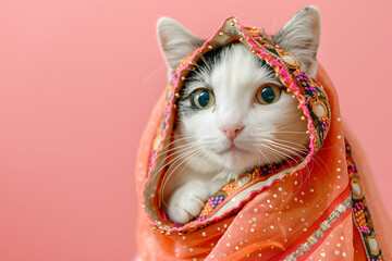 Cute funny cat in Indian dress.