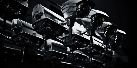 Collection of cameras mounted on a wall, suitable for technology or security concepts