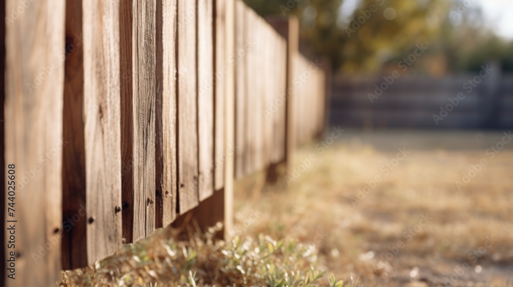 Poster detailed view of a wooden fence in a rural field, suitable for various design projects