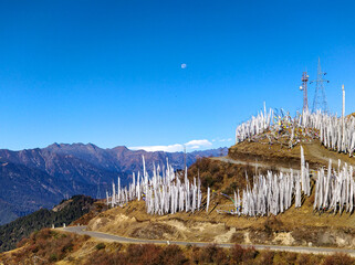 Bhutan Chele la Pass scenic mountain view with prayer flags.