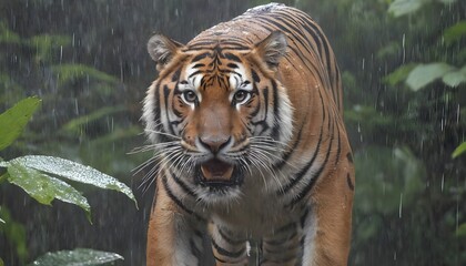 Tigre en la jungla lluviosa - obrazy, fototapety, plakaty