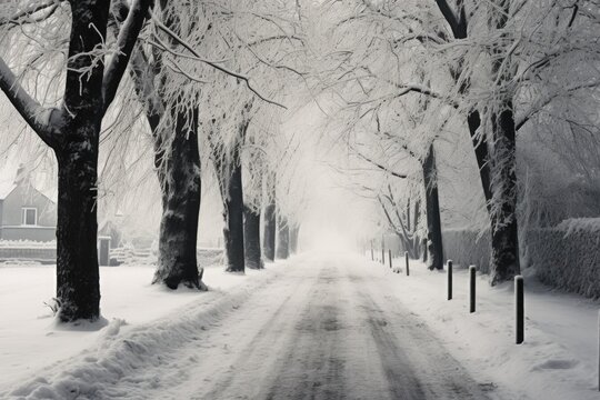 A picturesque snow-covered street lined with trees. Perfect for winter-themed designs