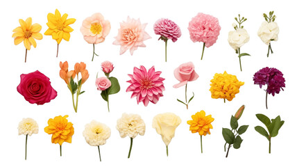Set of spring colorful flowers. Set of floral branch. Isolated on transparent or white background for greeting cards.
