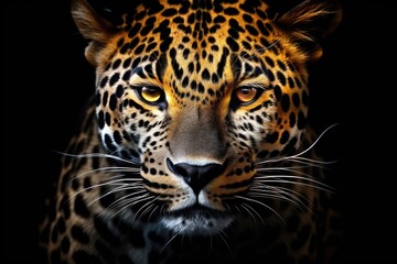 A close up of a leopard's face on a black background. Perfect for wildlife projects