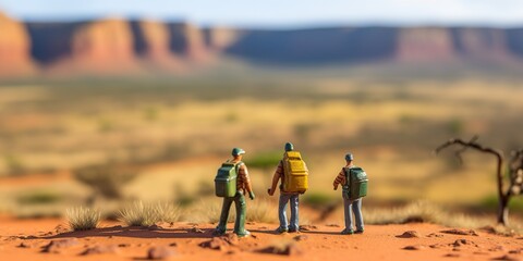 Selective focus. Miniature people : small traveler figures with backpack standing on South Africa Map / Geography of South Africa, exploring on earth background concept
