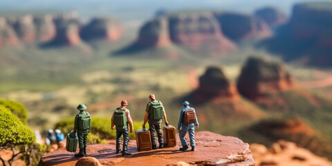 Selective focus. Miniature people : small traveler figures with backpack standing on South Africa Map / Geography of South Africa, exploring on earth background concept