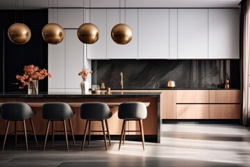 Modern kitchen with spacious center island and trendy bar stools. Ideal for interior design concepts