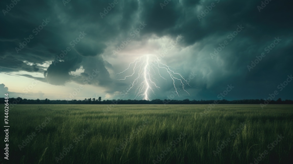 Poster lightning bolt striking a field, perfect for weather or natural disaster concepts