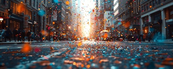 As the rain cascaded down the glittering city street, the vibrant confetti danced with the light,...