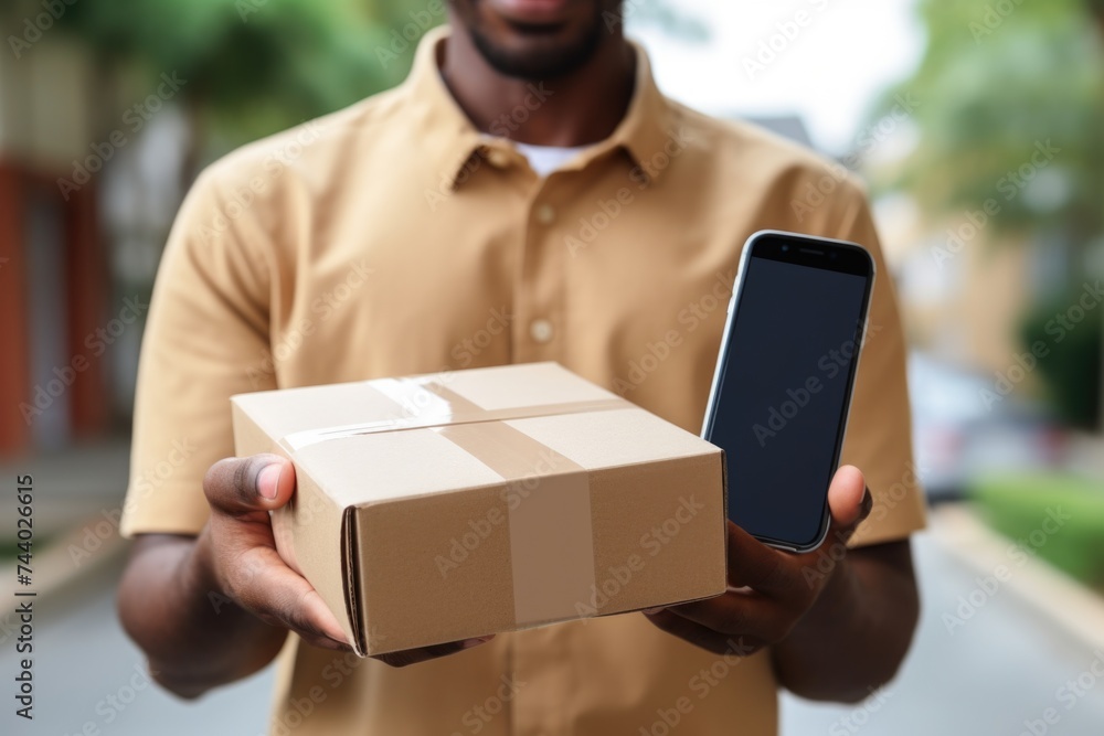 Poster A man holding a box with a cell phone inside. Perfect for technology concepts