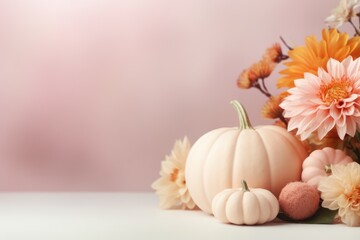 A vase filled with colorful flowers next to a white pumpkin. Ideal for autumn-themed designs