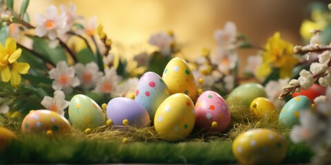 Fototapeta na wymiar Colorful Easter eggs arranged on a moss covered table. Perfect for holiday designs