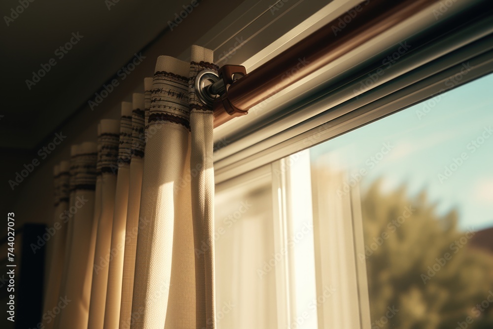 Poster a detailed view of a curtain on a window, suitable for interior design concepts