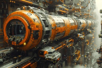An imposing orange and white engineering marvel stands tall, its metal pipes and powerful engine a testament to the industrial might that churns within its walls
