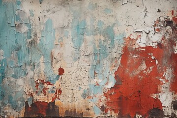 A weathered wall with peeling red and blue paint. Suitable for backgrounds or textures