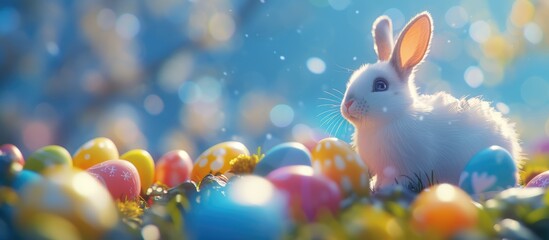 Fototapeta na wymiar Banner white rabbit and easter eggs on blue background, with copy space, easter background