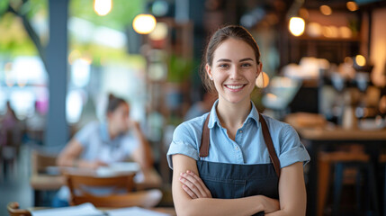 Confident female barista smiling in a bustling cafe setting, representing hospitality and service. - obrazy, fototapety, plakaty