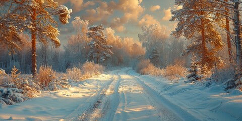 Traversing through a winter wonderland, a solitary road winds through a frozen forest of snow-covered trees, under a crisp sky and fluffy clouds - obrazy, fototapety, plakaty