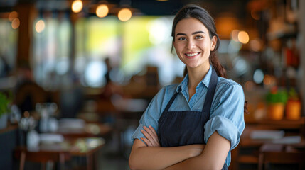 Fototapeta premium Confident female barista smiling in a bustling cafe setting, representing hospitality and service.