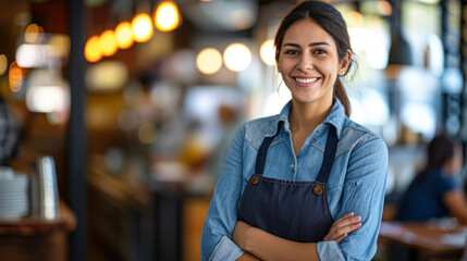 Confident female barista smiling in a bustling cafe setting, representing hospitality and service.