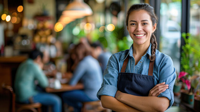 Confident female barista smiling in a bustling cafe setting, representing hospitality and service.