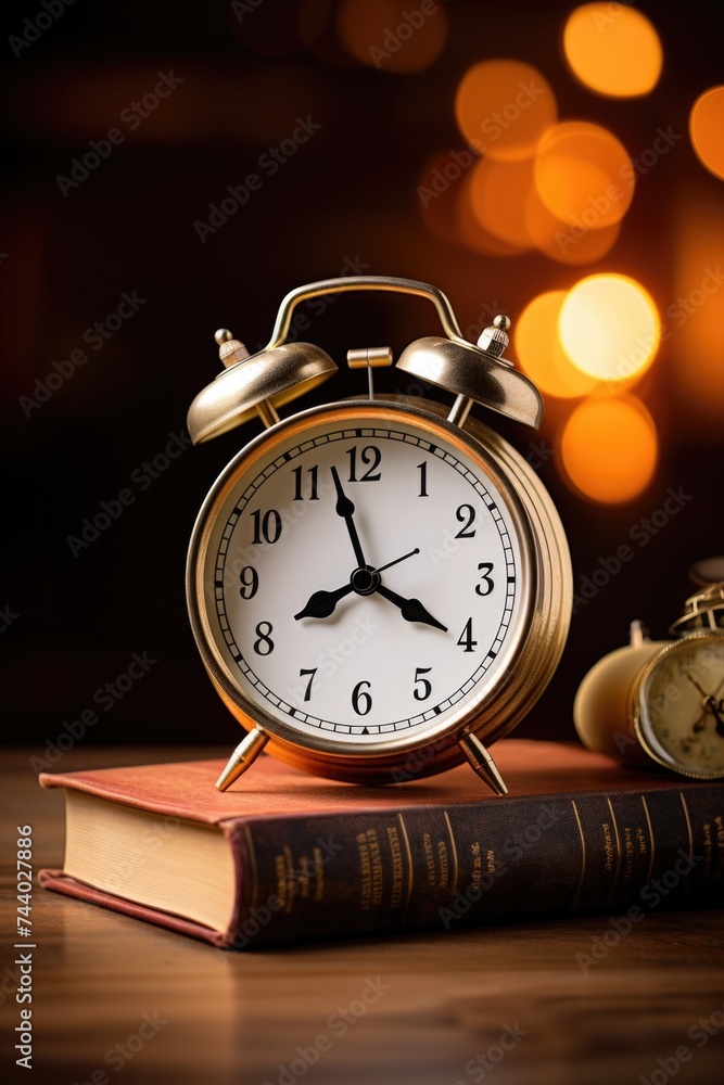 Poster An alarm clock sitting on top of a stack of books. Suitable for education and time management concepts