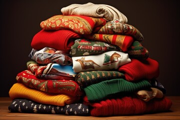 Neatly arranged pile of sweaters on rustic wooden table. Suitable for fashion or cozy winter themes