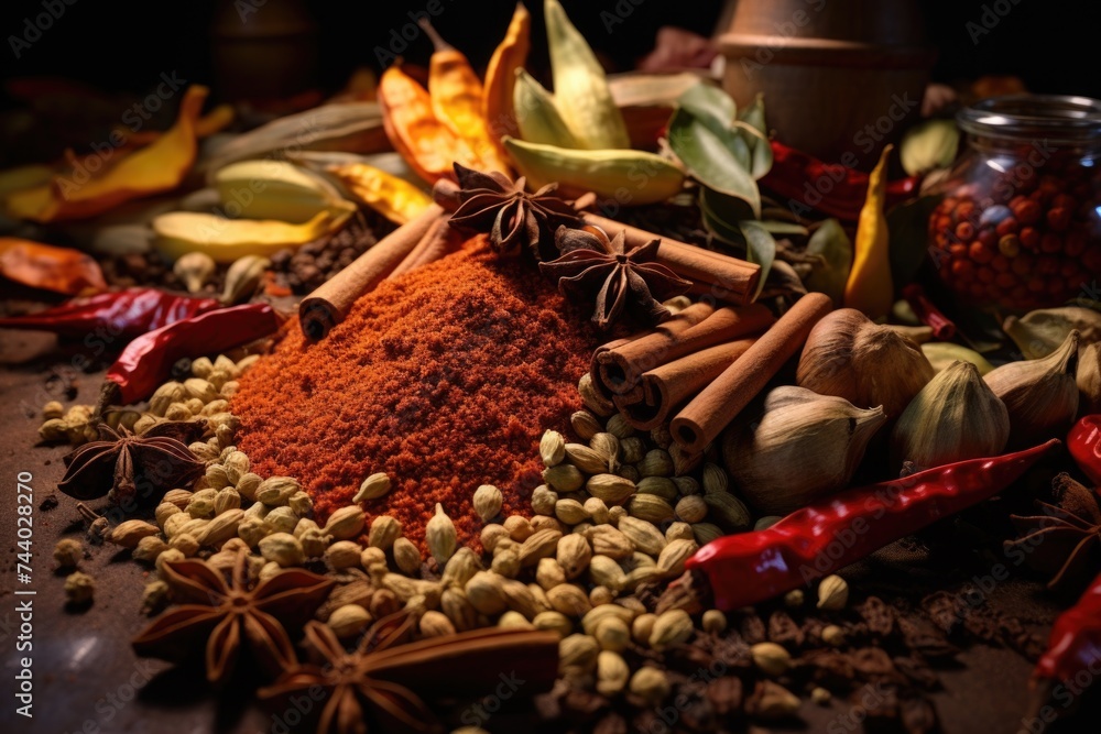 Poster A pile of various spices on a table, perfect for culinary concepts