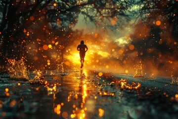 A solitary figure braves the elements, racing through the night amidst the fiery glow of trees, the sound of rain and the heat of determination propelling them forward on the wet road - obrazy, fototapety, plakaty