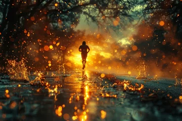 Foto op Plexiglas A solitary figure braves the elements, racing through the night amidst the fiery glow of trees, the sound of rain and the heat of determination propelling them forward on the wet road © Larisa AI