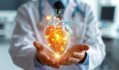 Medical doctor holding glowing virtual human heart in hands in cardio vascular system protection and health care concepts - obrazy, fototapety, plakaty