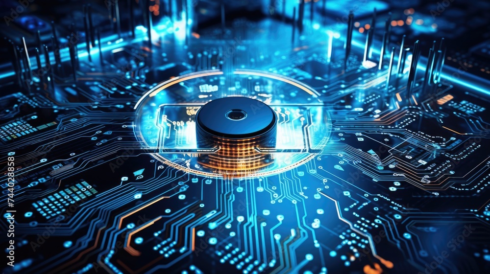 Poster Close up of a circuit board with an electronic device. Suitable for technology concepts