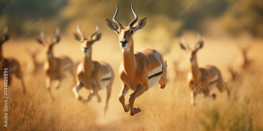 Poster herd of antelope running in dry grass field, suitable for wildlife concepts