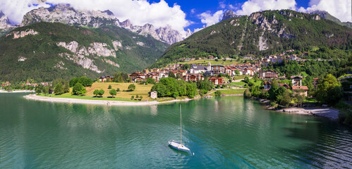 Most scenic mountain lakes in northern Italy - beautiful Molveno in Trento, Trentino Alto Adige region. - 744028803