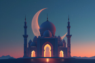 Mosque and Islamic symbol of crescent moon. Eastern cultural landmark. Muslim holy month Ramadan. Hari Raya day, Eid al Fitr celebration. Islamic holiday concept. For greeting card, banner, invitation