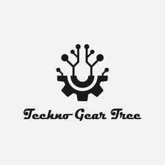 Technology gear tree, vector illustration on the theme of Technology gear tree, black and white, gear, logo concept, logo, concept, abstraction, flat
