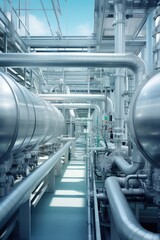 A view of pipes and valves in a large industrial building. Perfect for industrial and engineering concepts