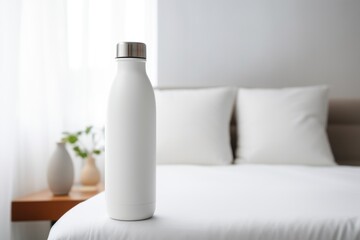 Fototapeta na wymiar A white bottle resting on a bed, suitable for home decor concepts