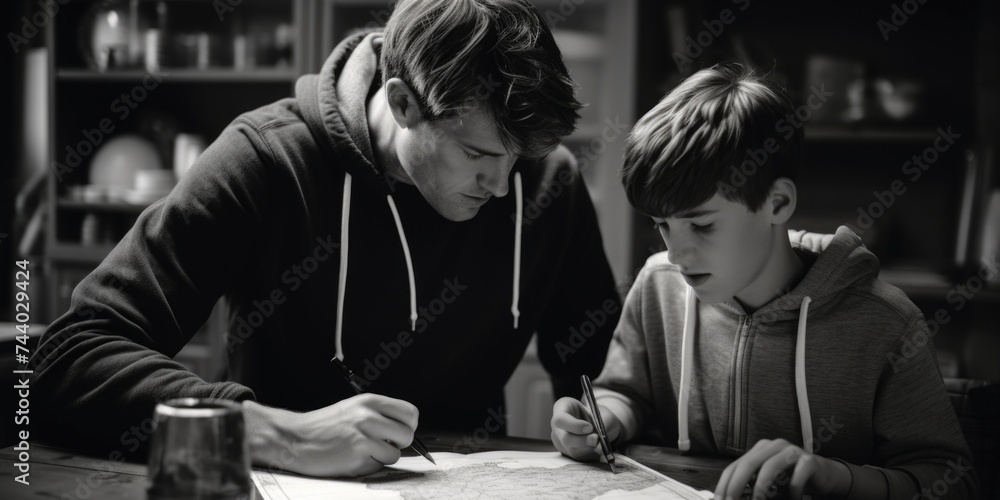 Poster man and boy examining map, suitable for travel concept