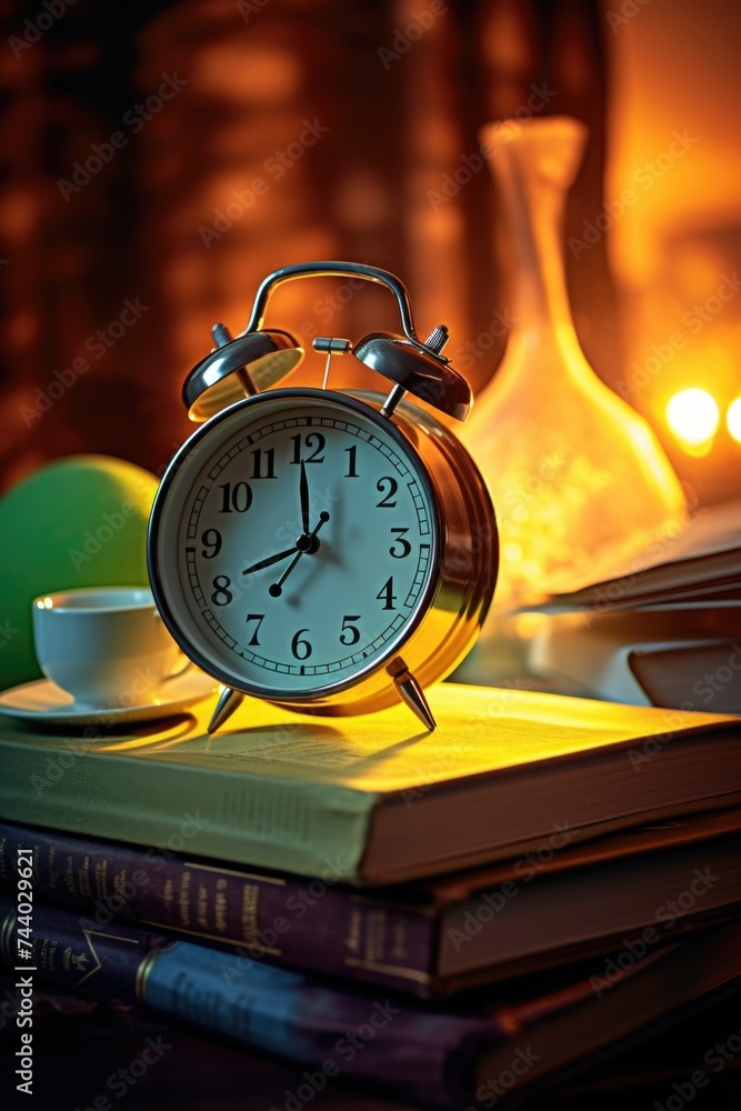 Aufkleber An alarm clock sitting on top of a stack of books. Ideal for education and time management concepts